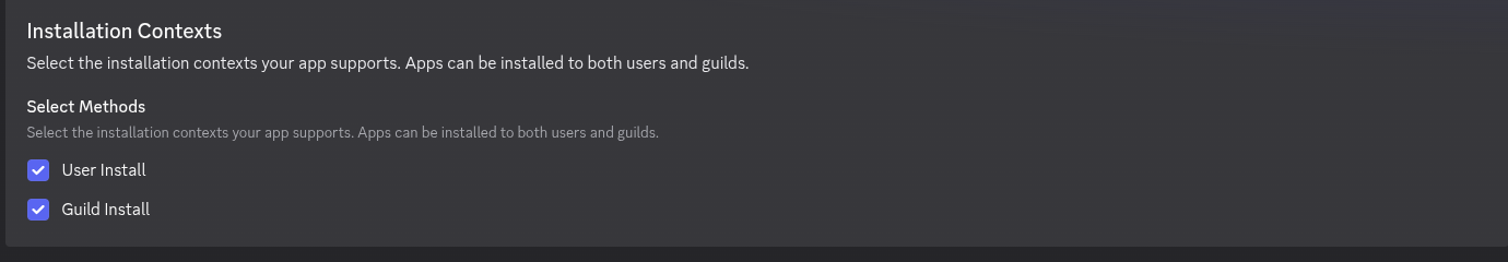 Installation Contexts with User Install and Guild Install checkboxes, both ticked