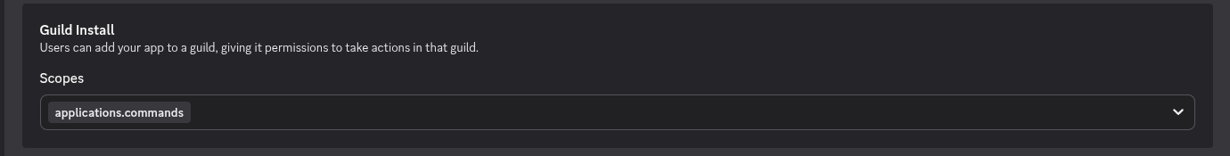Guild Install section showing Scopes containing only the applications.commands chip