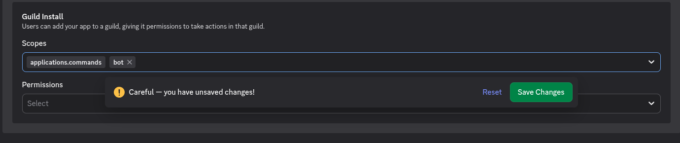 Guild Install with applications.commands and bot scopes, a Permissions selector, and the "you have unsaved changes" bar with a Save Changes button