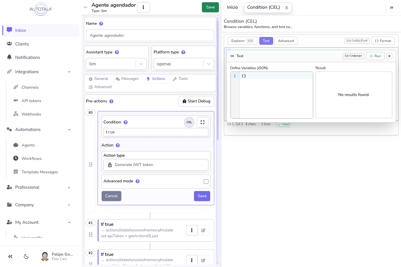 The CEL workbench with the Test tab open, showing a JSON variable editor and an empty result area