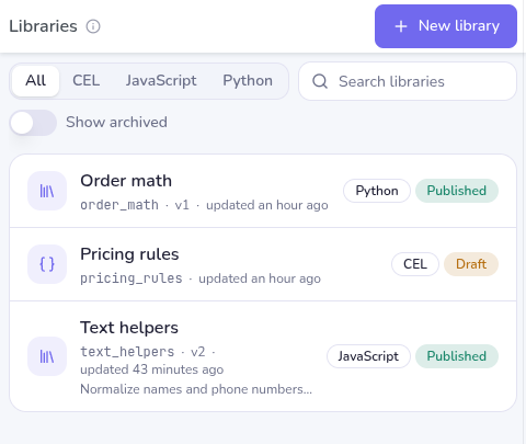 The Libraries list with CEL, JavaScript and Python libraries