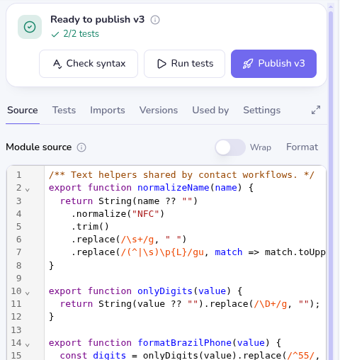 The code library editor with its status line, actions and tabs