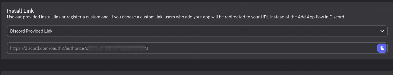 La sección Install Link configurada como "Discord Provided Link" con la URL discord.com/oauth2/authorize generada