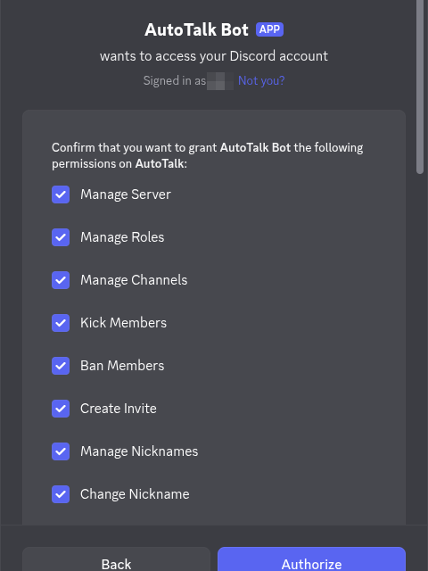 La pantalla de confirmación de Discord con la lista de permisos concedidos y el botón Authorize