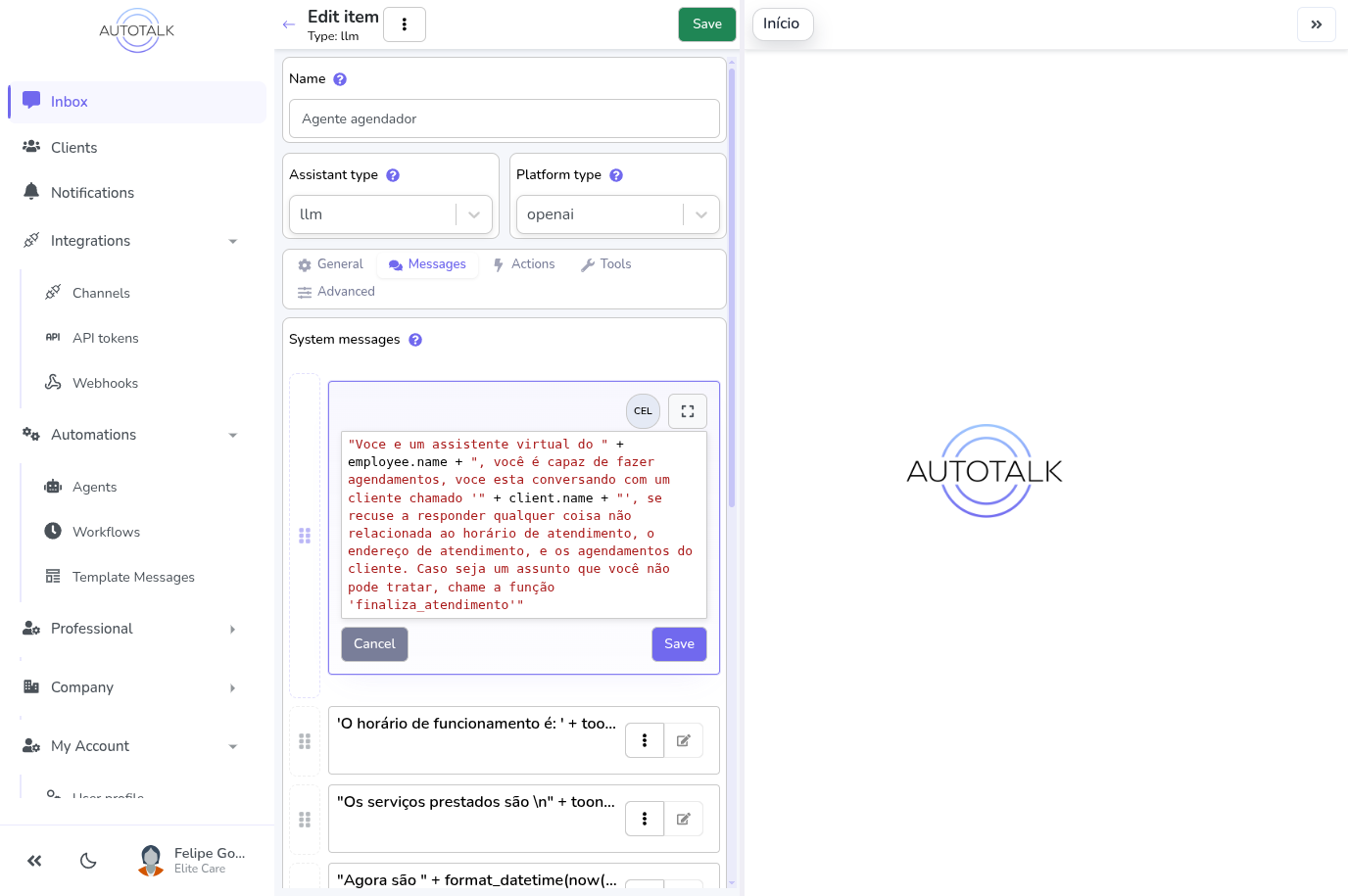 Un campo de mensaje del sistema abierto para edicion, mostrando una expresion CEL multilinea con el alternador CEL/template en el encabezado