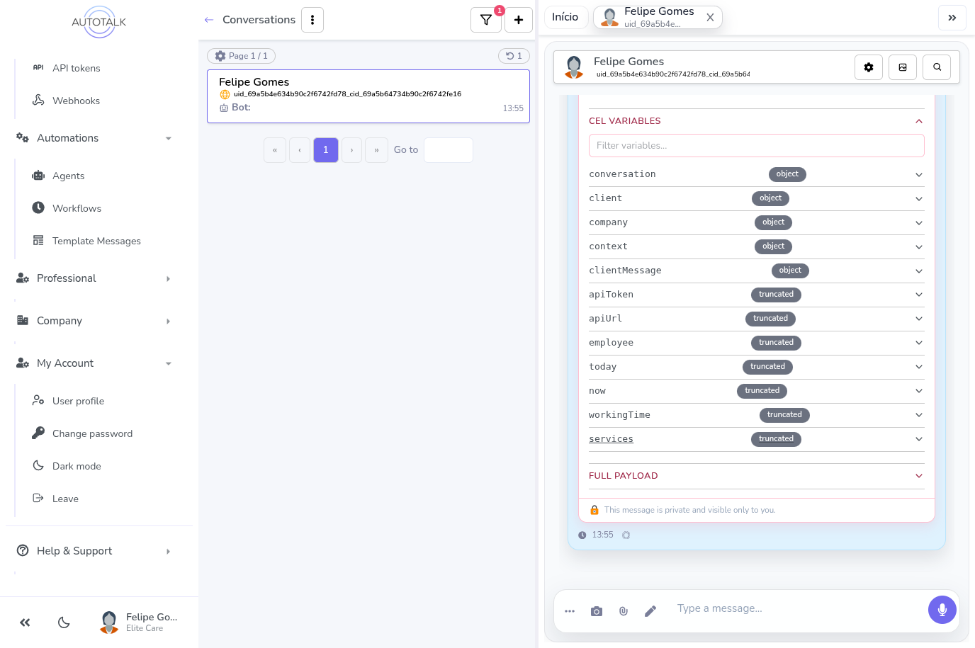 El acordeon de Variables CEL expandido, mostrando un campo de filtro y una lista de variables con sus tipos