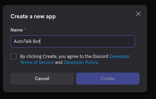 A janela "Create a new app" com o campo Name, a caixa dos Developer Terms of Service e os botões Cancel / Create