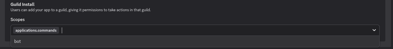 O dropdown Scopes aberto na seção Guild Install, mostrando uma única opção: bot
