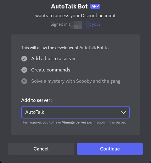 A tela de consentimento do Discord mostrando "Add a bot to a server", o seletor "Add to server" com um servidor escolhido e o botão Continue