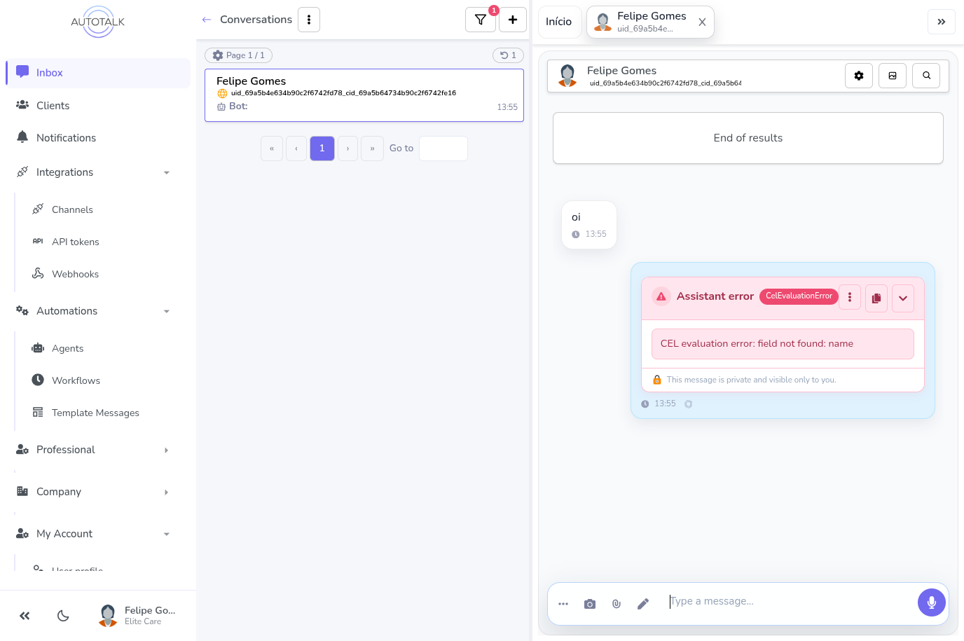 A bolha de erro em seu estado colapsado, mostrando 'Erro do assistente', um emblema CelEvaluationError e a mensagem de erro