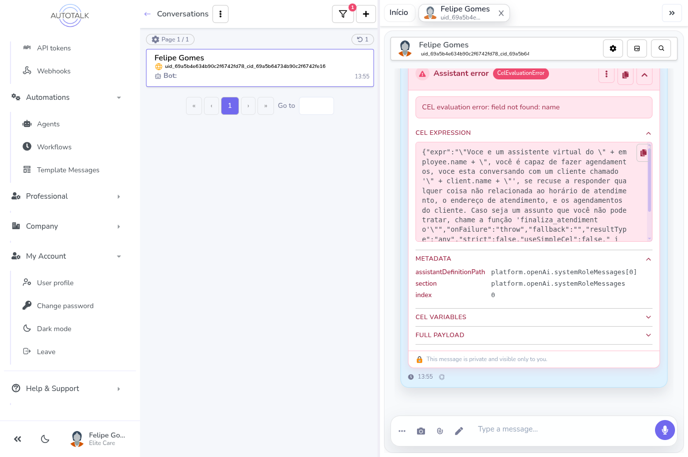 A bolha de erro expandida mostrando quatro secoes em acordeao: Expressao CEL, Metadados, Variaveis CEL e Payload Completo